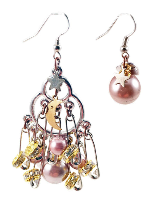 Silver safety pins, crystals and pearls cluster earrings. Perfect for