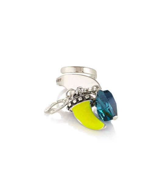 Yellow horn and blue crystal charm ring