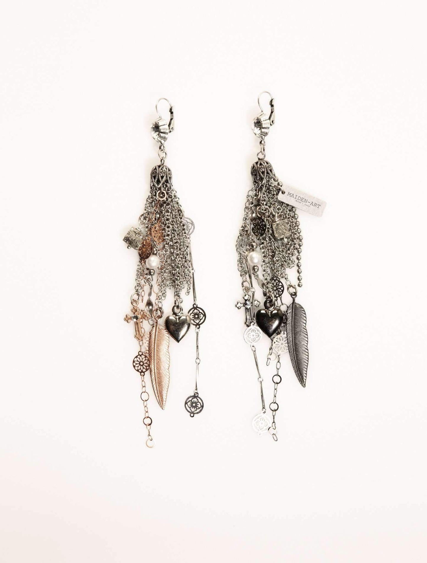 Tassel earrings with antique silver, rose gold and charms. Boho chic