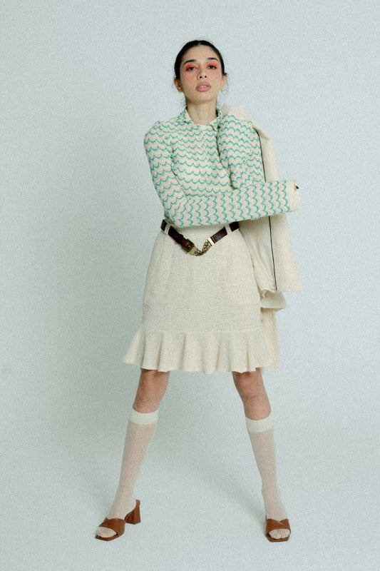 Light Weight Cotton Knit High Waist Skirt with Ruffled Hem Sand