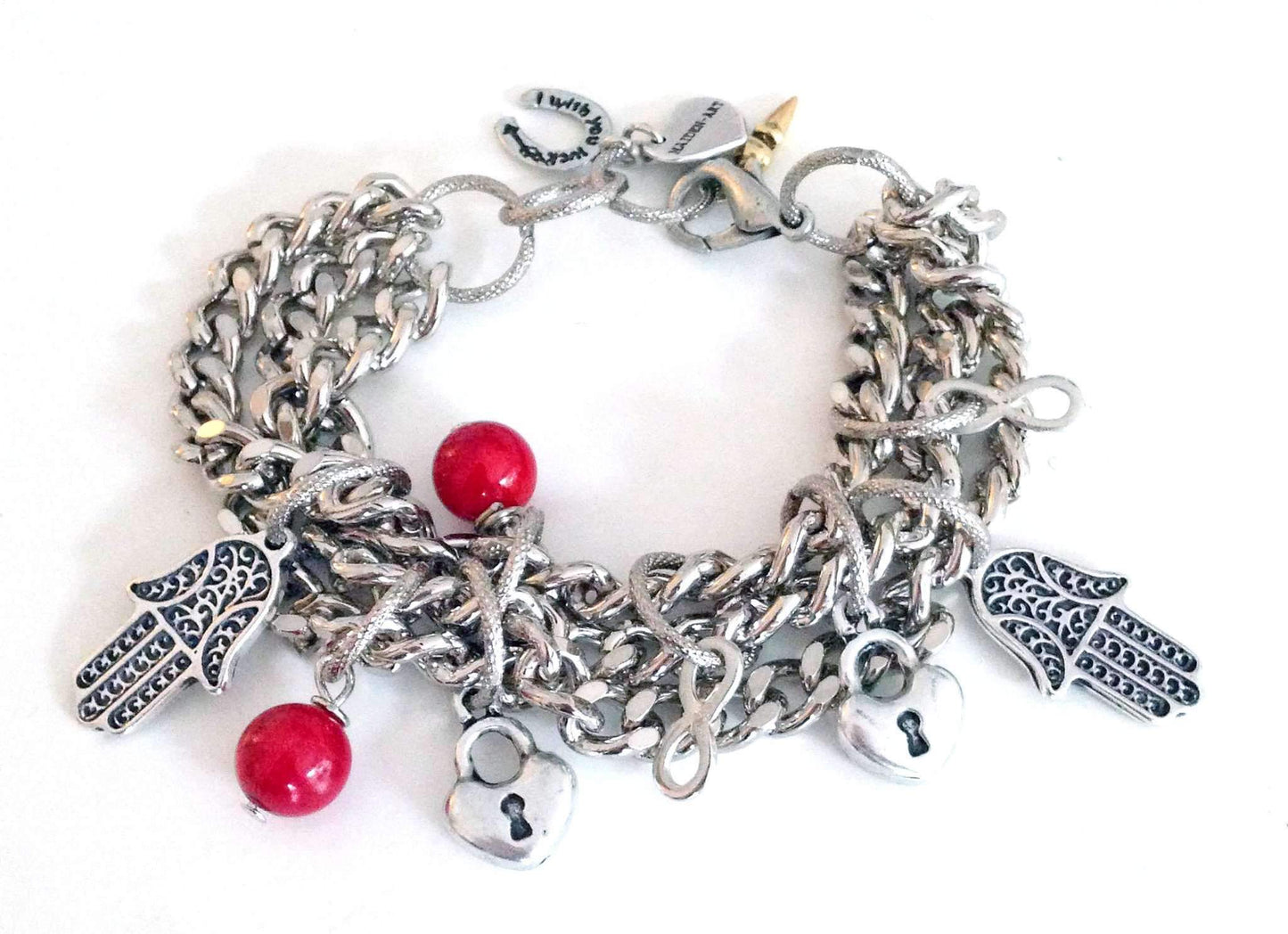 Valentine's Day bracelet in silver, coral and hamsa.