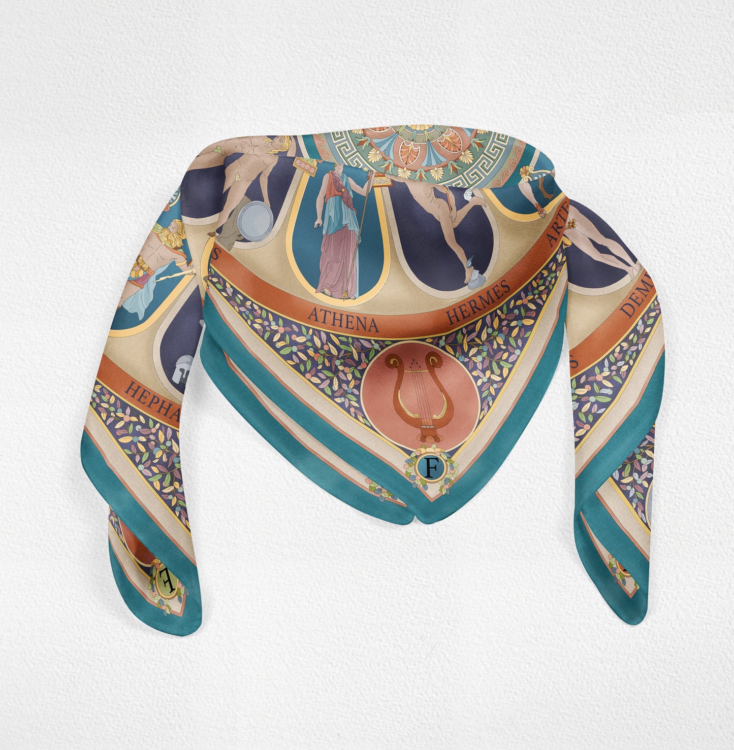 The Olympian Gods - Terracotta-Turquoise - 100% Silk Scarf