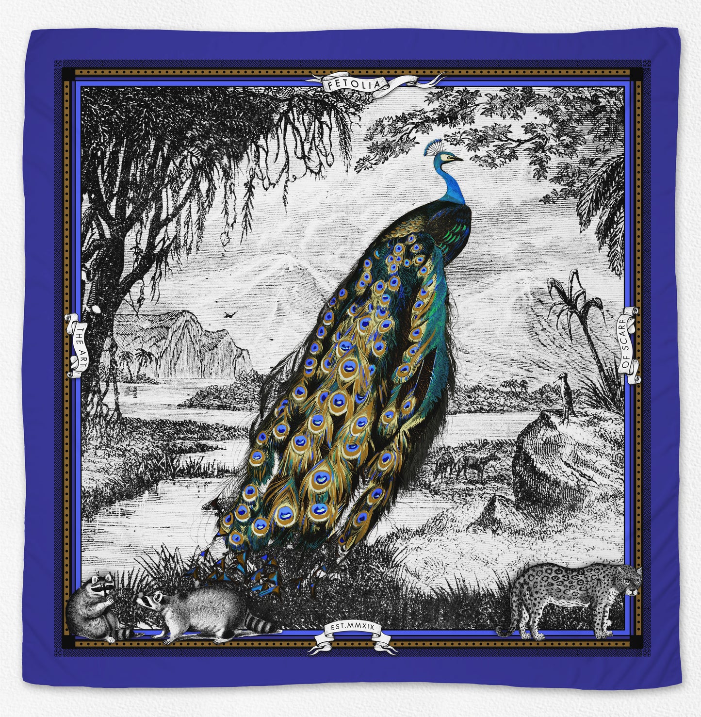 Peacock Feathers - Blue - 100% Silk Scarf