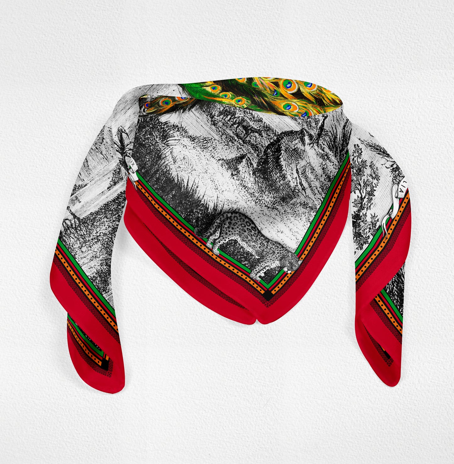 Peacock Feathers - Red - 100% Silk Scarf