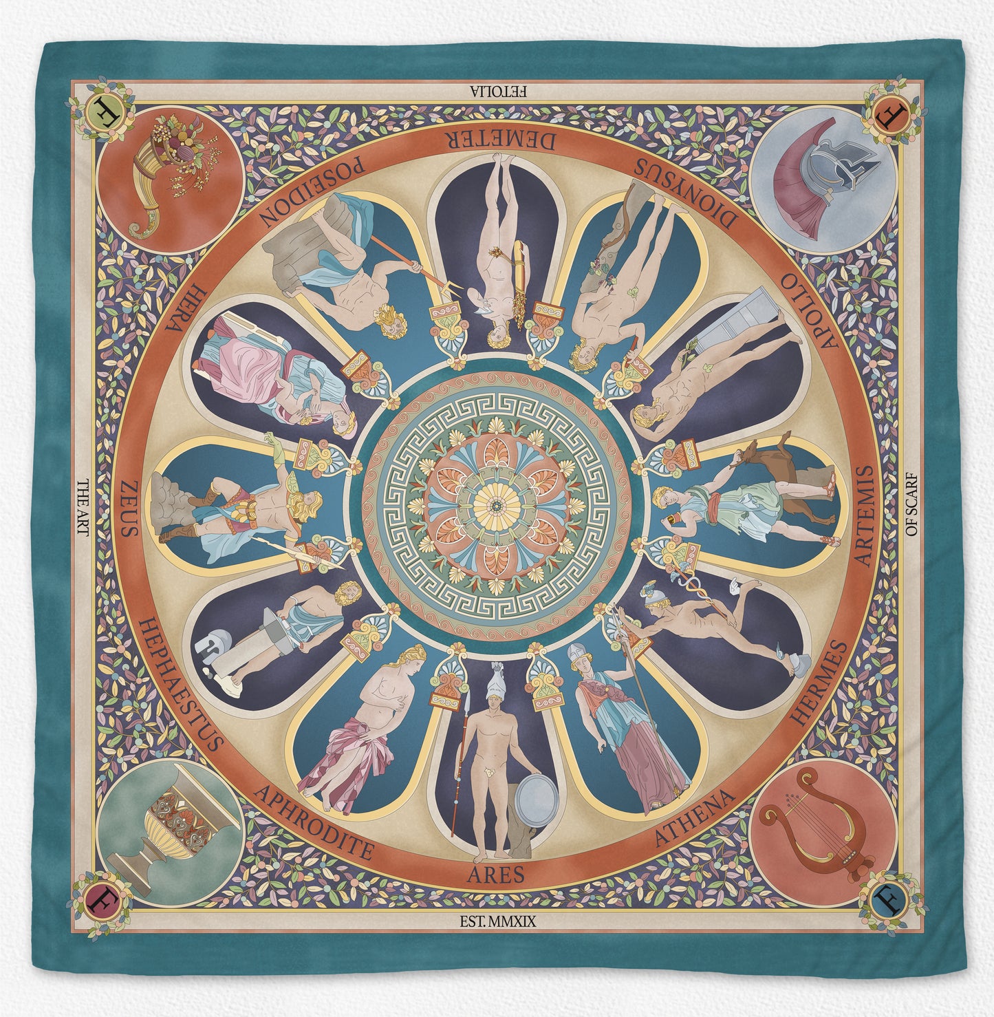 The Olympian Gods - Terracotta-Turquoise - 100% Silk Scarf