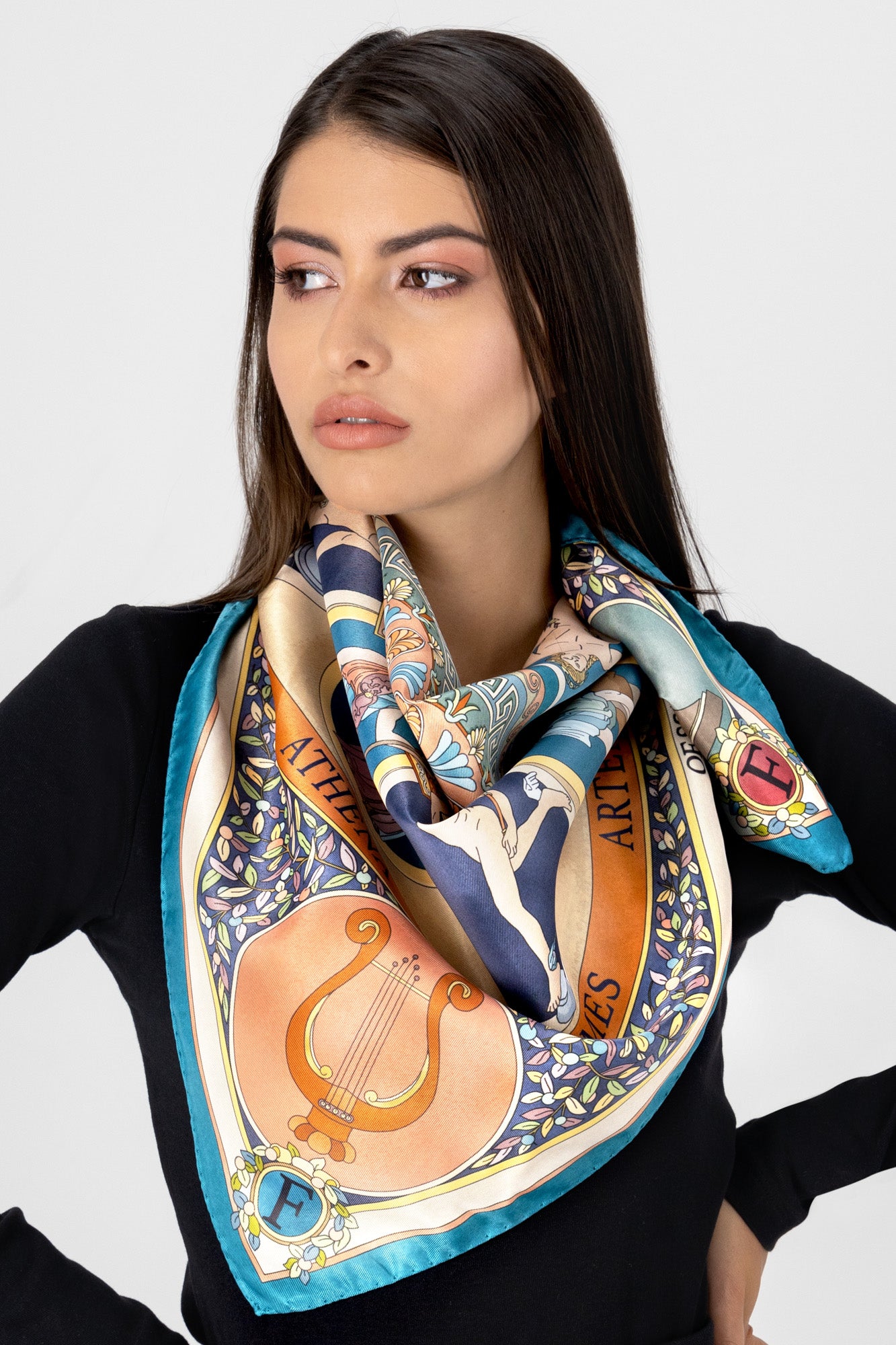 The Olympian Gods - Terracotta-Turquoise - 100% Silk Scarf