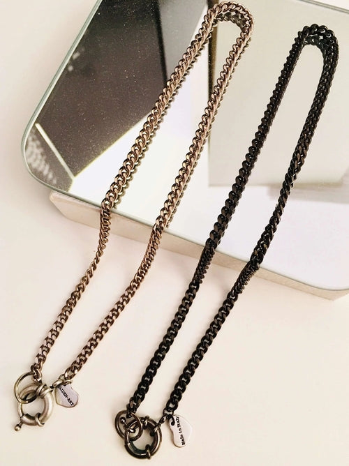 Silver and Gunmetal Curb Chain Necklace and Rudder Clasp.