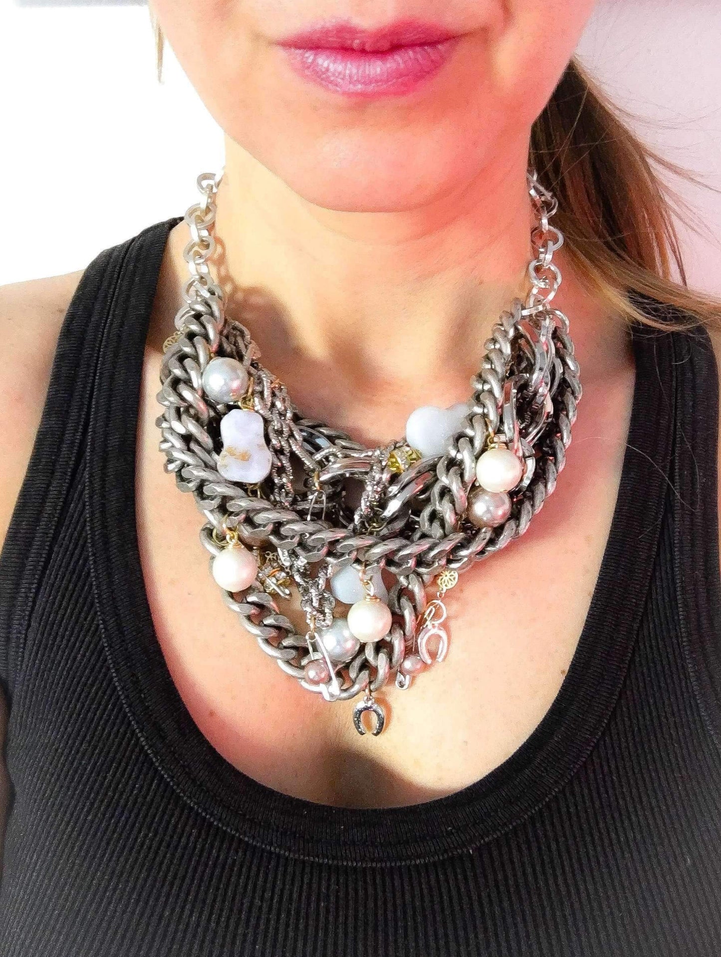 Silver statement necklace with calcedony, pearls and charms. Perfect