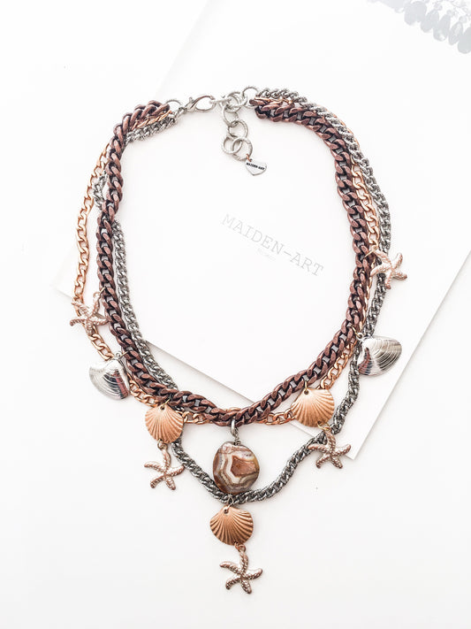 Statement Necklace with Shells, Starfish and Agate Stone