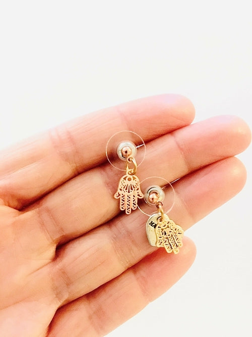 Crescent Moon or Hamsa Micro Earrings in Gold and Rose Gold