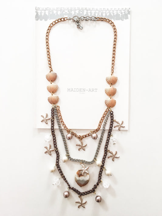 Statement Necklace with Shell, Starfish Charms, Agate Stone, White